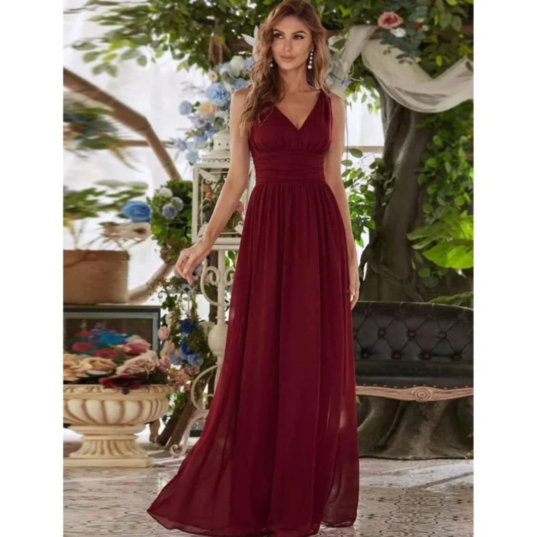 Sleeveless Pleated Chiffon Gown | V-Neck Formal Maxi Dress | Ruched Waist Detail