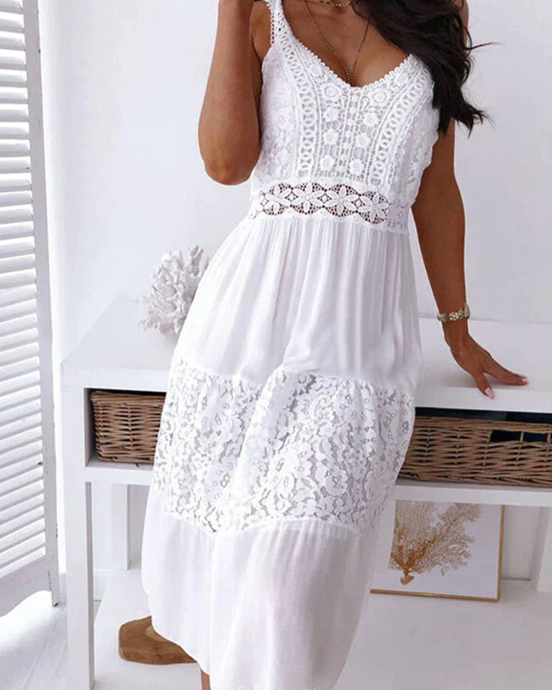 Lace Panel Midi Dress | Sleeveless Tiered Summer Dress | Lightweight Boho-Inspired Fit