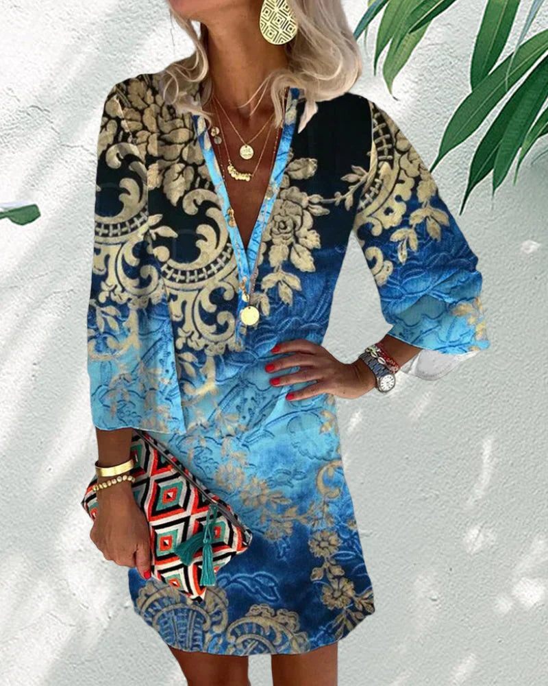 Women's Printed Tunic Dress | 3/4 Sleeve V-Neck | Casual Beach Cover-Up Dress