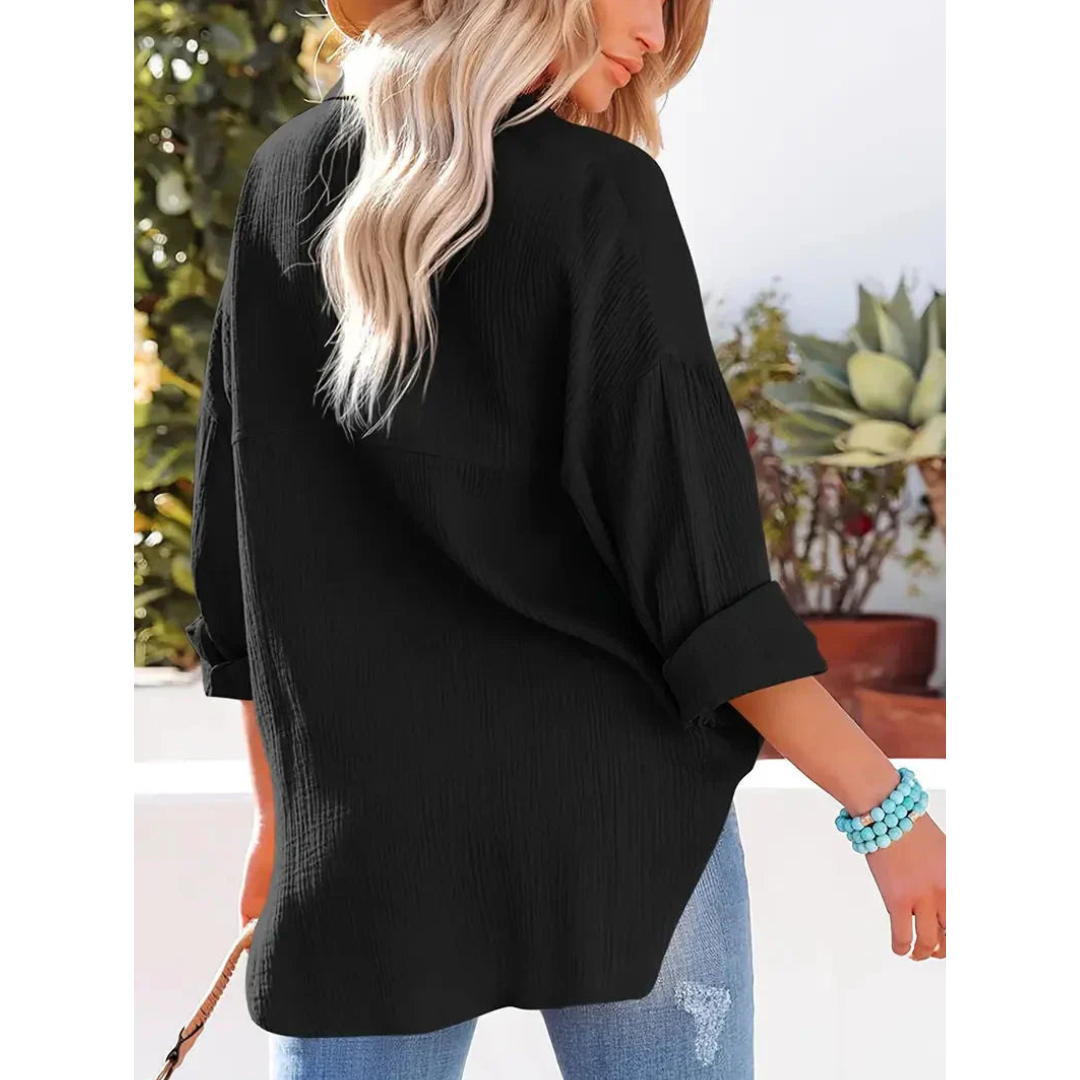 Textured Button-Up Shirt | Relaxed Fit with Chest Pocket | Lightweight Casual Blouse