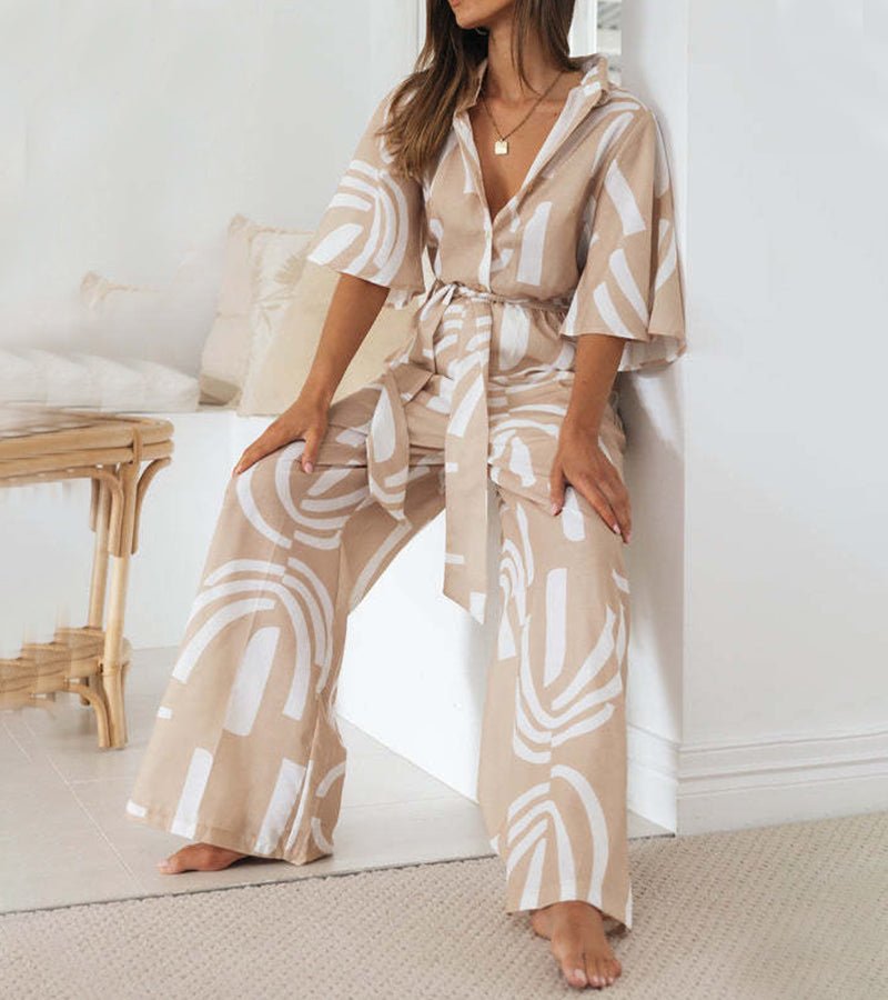 Abstract Print Linen Cotton Jumpsuit | Relaxed Wide-Leg Fit | Neutral Tone