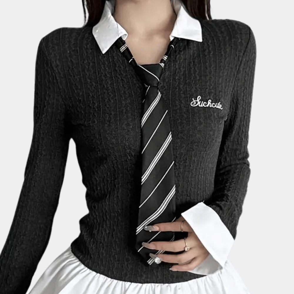 Preppy Knit Top and Skirt Set | Collared Layered Look | Chic Schoolgirl Style