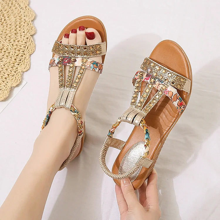 Women’s Rhinestone Wedge Sandals | Elastic Slingback Summer Shoes | Cushioned Comfort with Sparkle