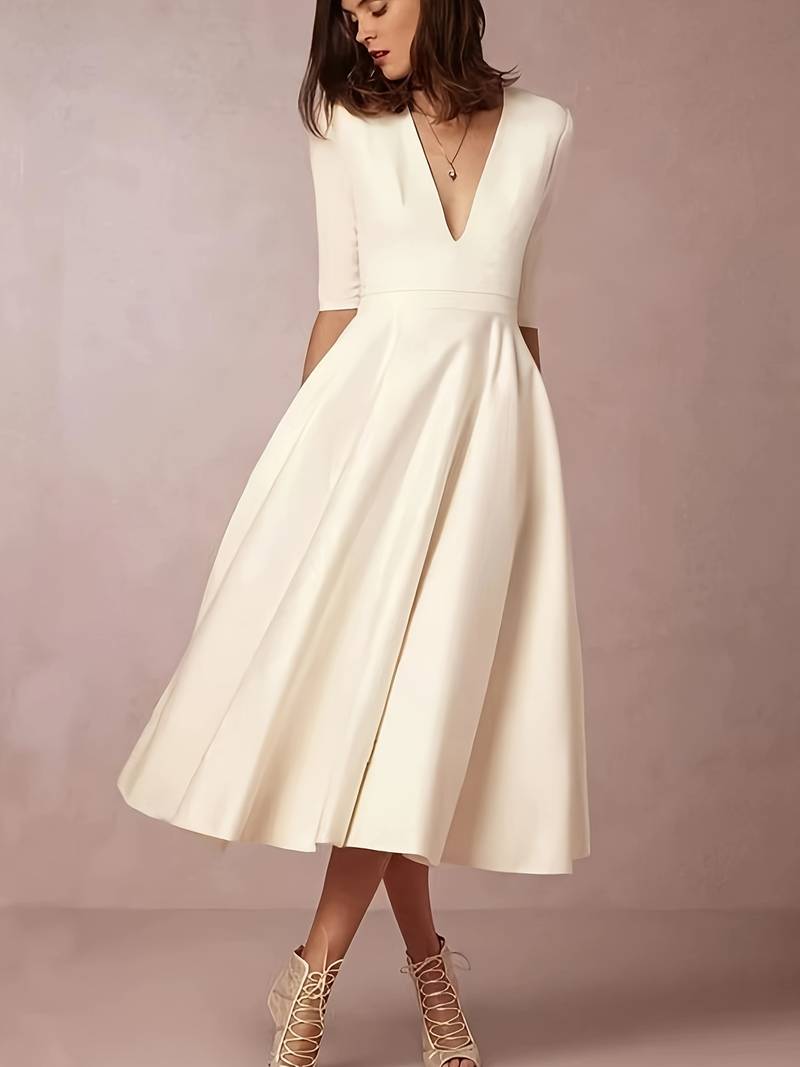 Fit-and-Flare Satin Midi Dress | V-Neckline | 3/4 Sleeves