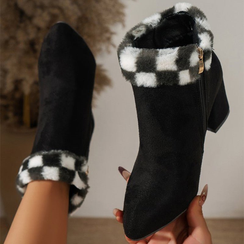 Faux Suede Ankle Boots with Fur Trim | Chunky Heel | Winter Chic | Holiday-Ready