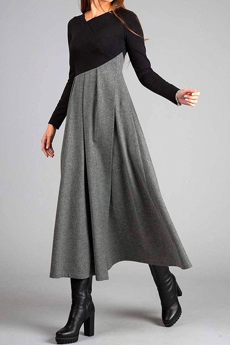 Colourblock Knit and Woven Maxi Dress | Long Sleeve | Asymmetric Pleated Skirt