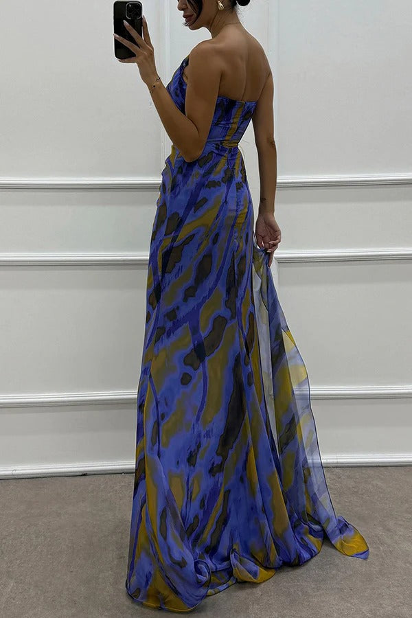 Watercolour Chiffon Gown dress | One-Shoulder Design & Side Slit | Bold Abstract Print