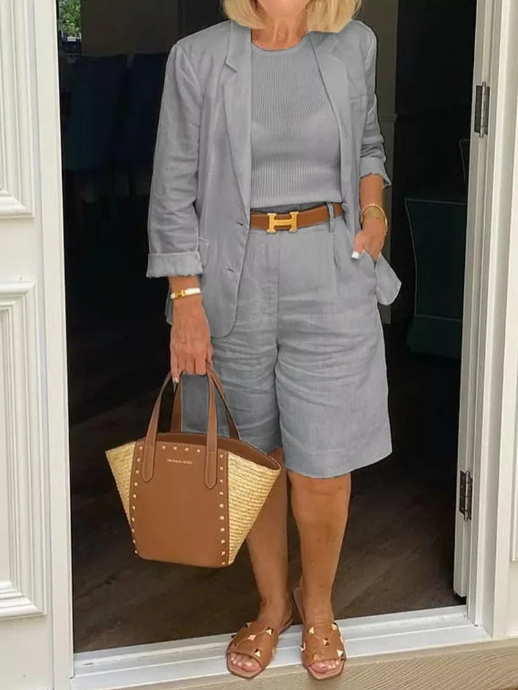 Tailored Linen Shorts Set | Relaxed Blazer & High-Waist Shorts | Summer Two-Piece Look