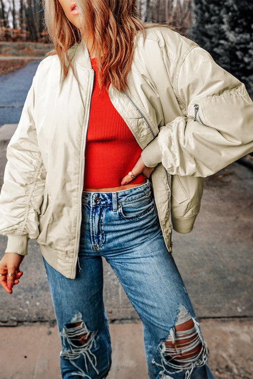 Cropped Bomber Jacket | Satin Finish | Lightweight Layer | Casual Street Style