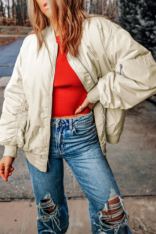 Cropped Bomber Jacket | Satin Finish | Lightweight Layer | Casual Street Style