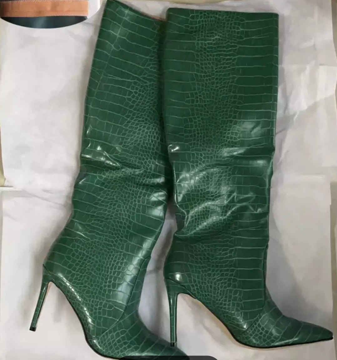 Croc-Embossed Knee-High Boots | Bold Colours | Pointed Toe | Statement Style
