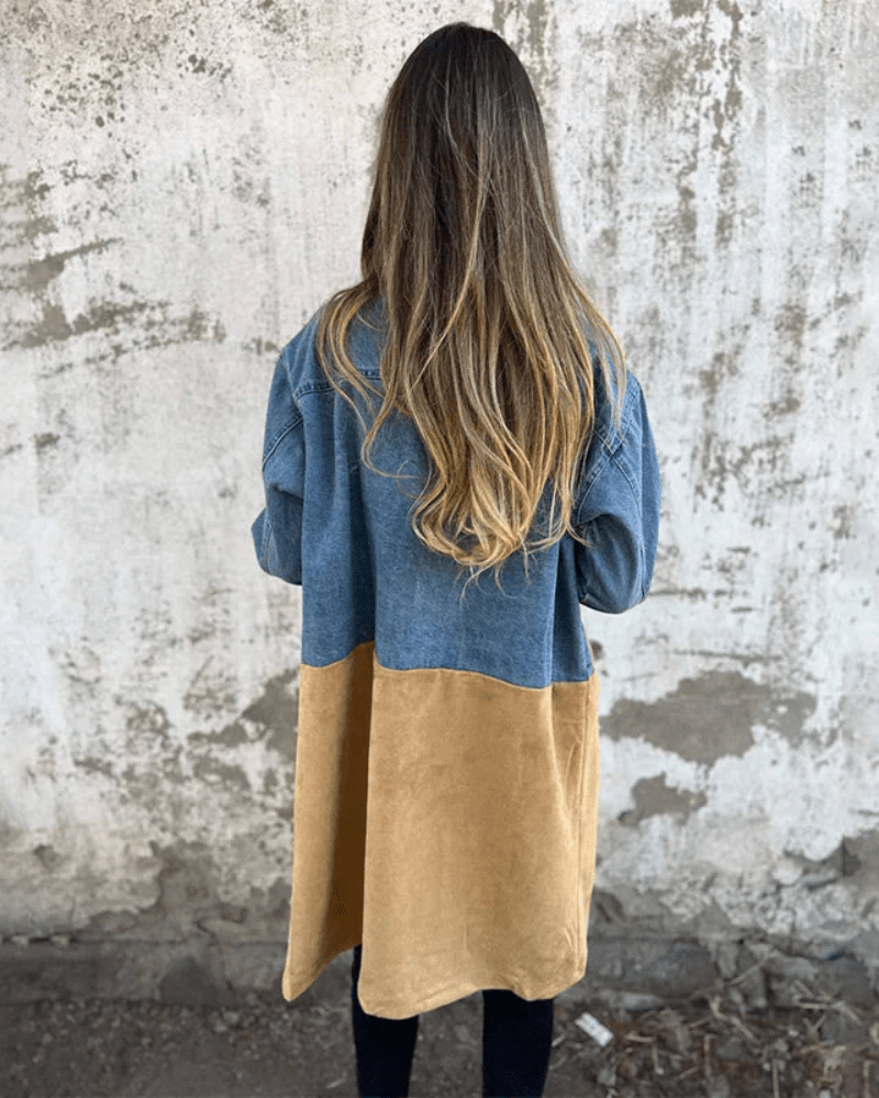 Mixed-Fabric Trench Coat | Denim and Suede-Look Contrast with Button Front