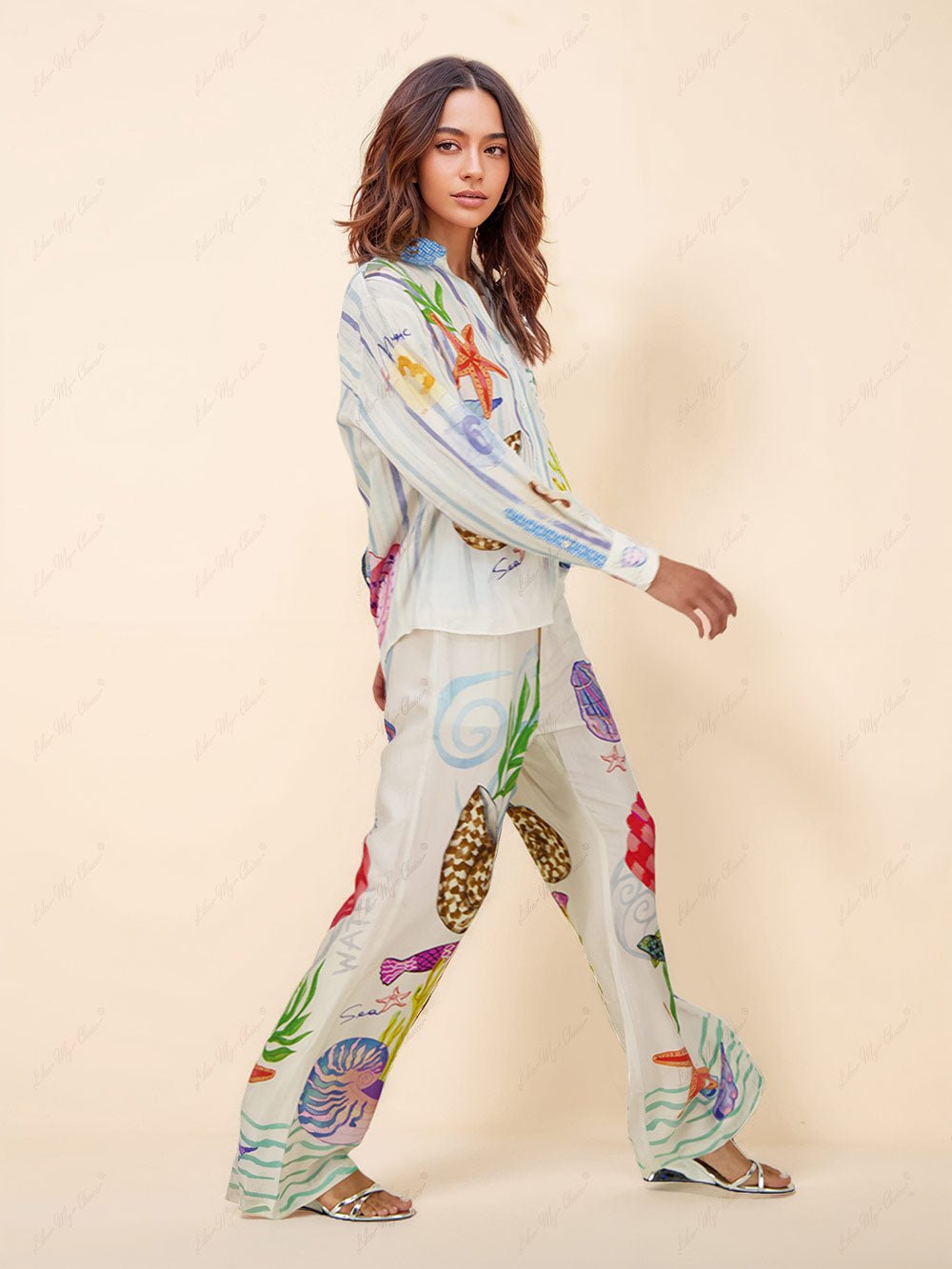 Ocean-Inspired Print Shirt & Wide-Leg Trousers Set | Vibrant Two-Piece Outfit