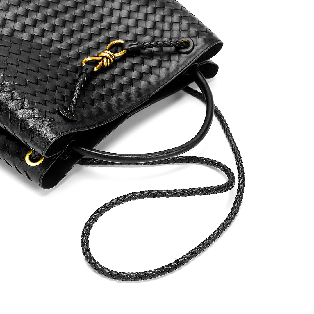 Woven Leather-Look Tote Bag | Gold Knot Detail | Structured Everyday Handbag