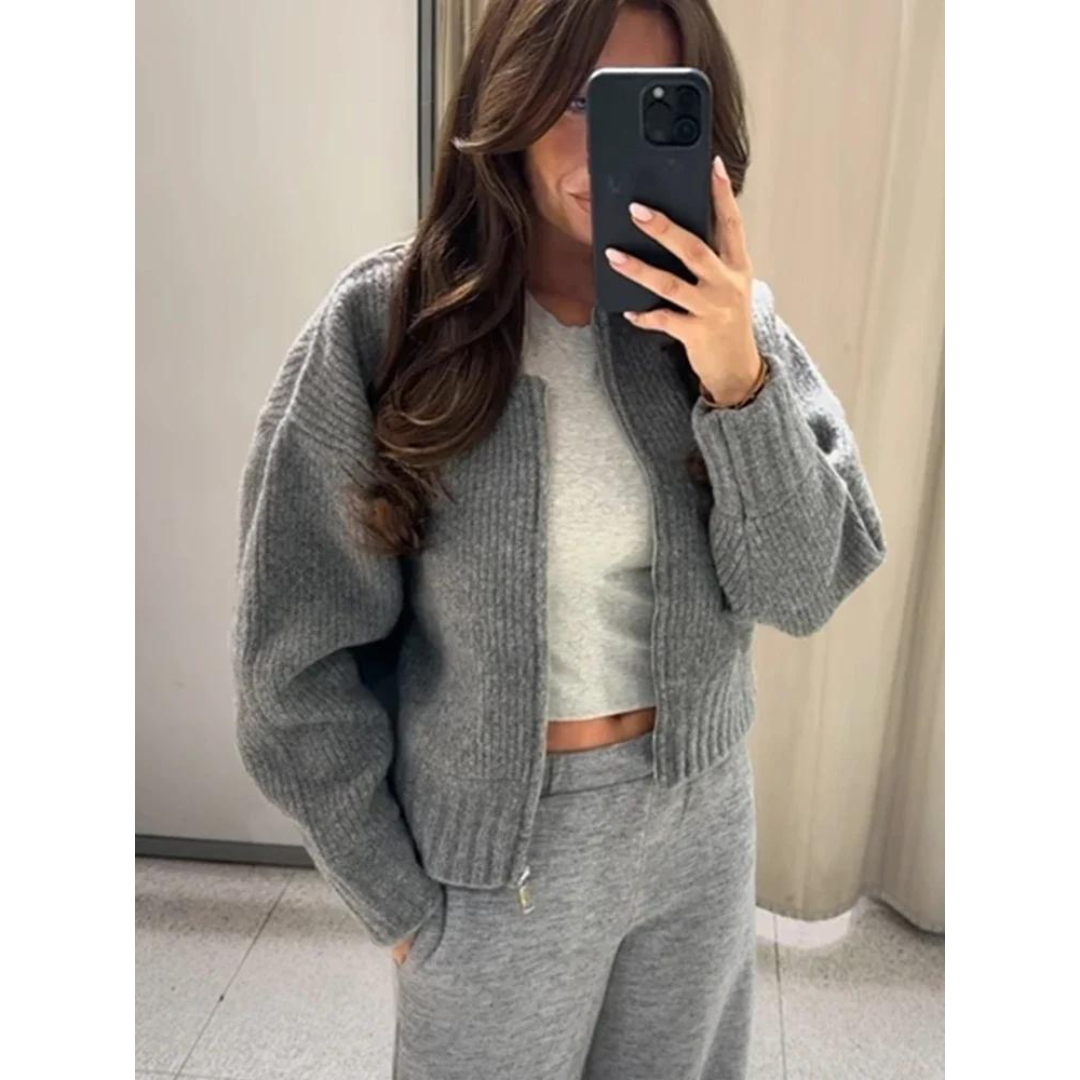 Zip-Up Knit Cardigan | Ribbed Texture | Cropped Lounge Sweater