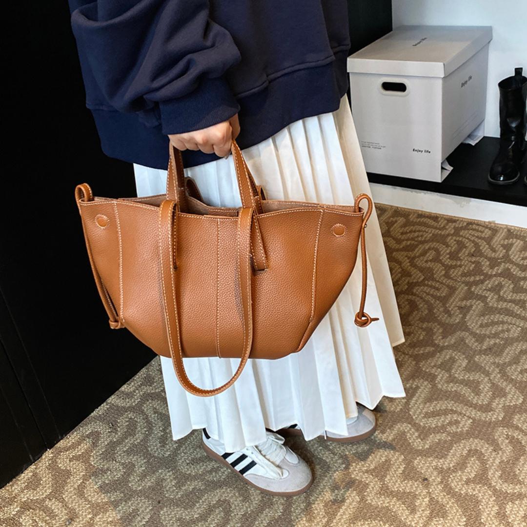 Curved Tote Bag | Dual Handle & Drawstring Detail | Structured PU Leather