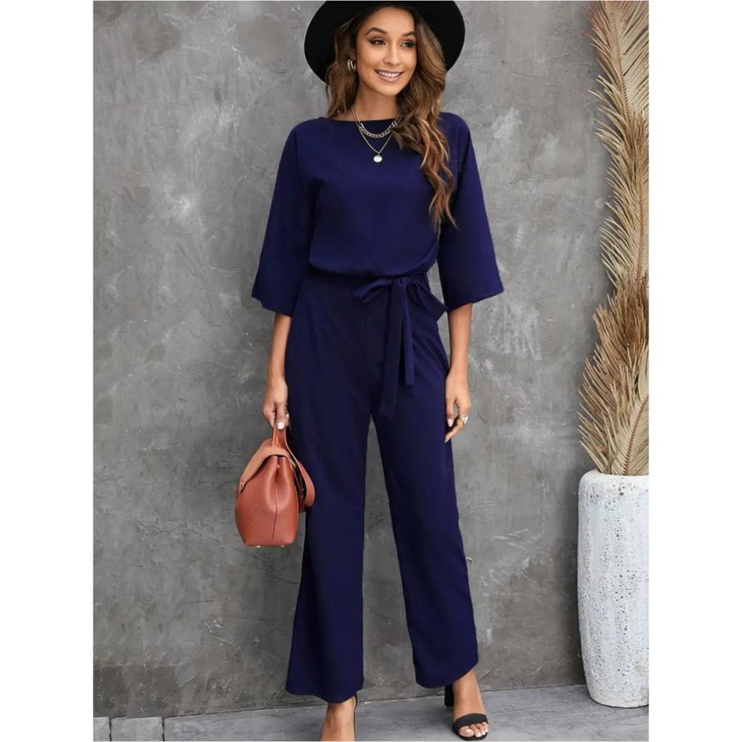 Wide-Leg Belted Jumpsuit | Cropped Sleeve | Modern One-Piece Style