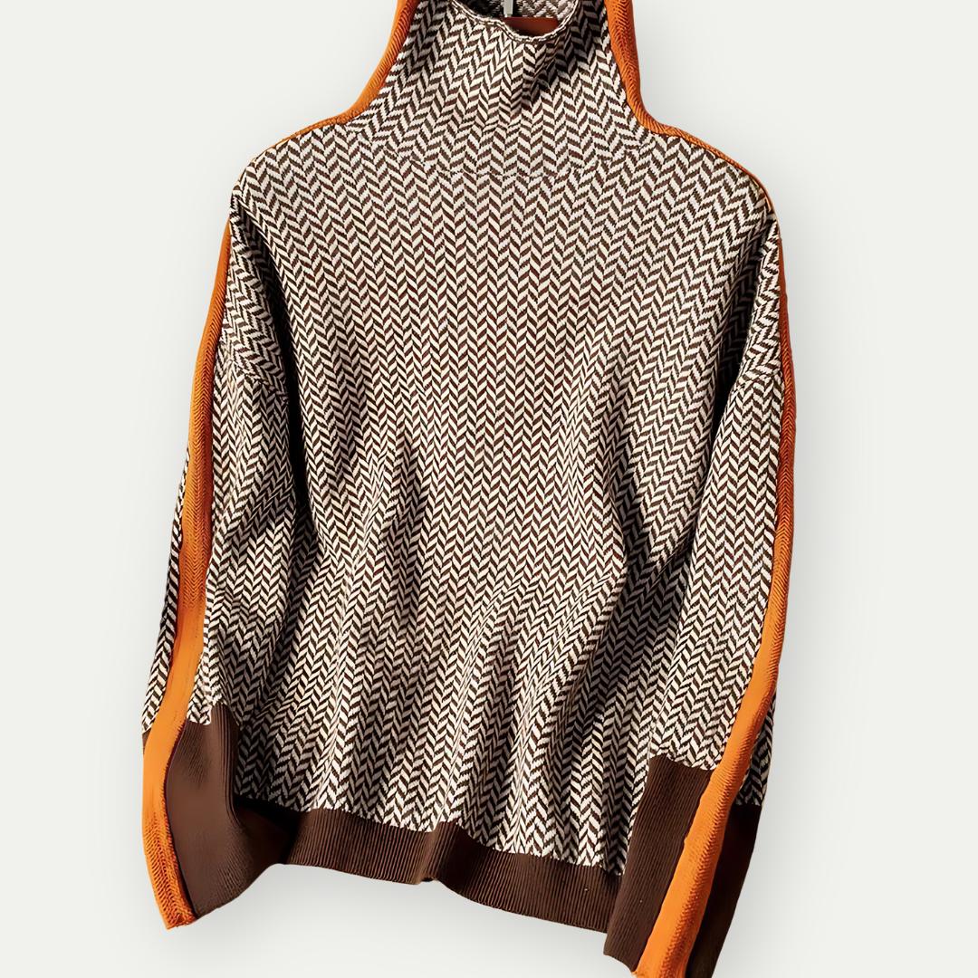 Chevron Knit Turtleneck Sweater | Contrast Striped Sleeves | Fall-Winter Pullover