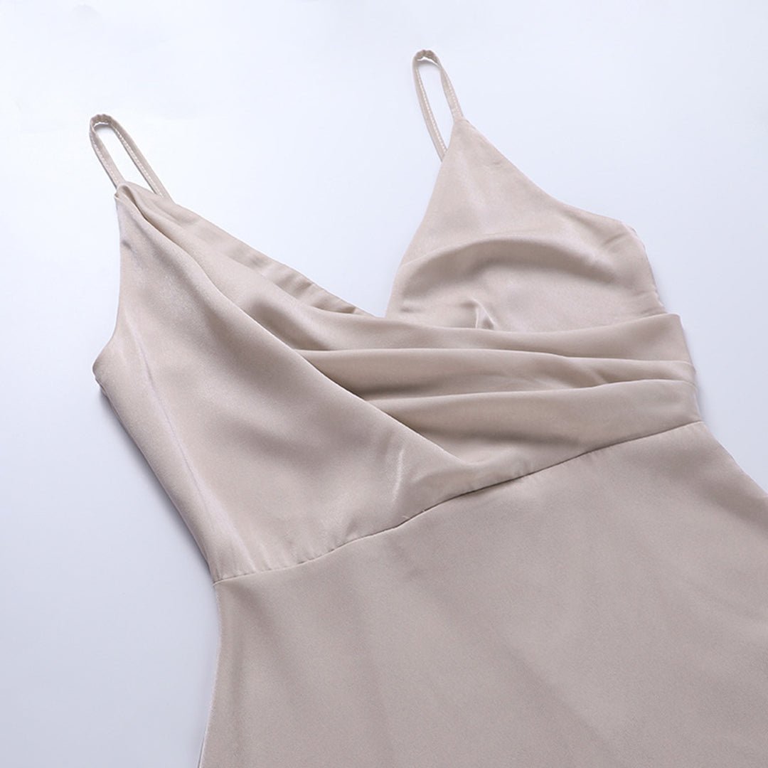 Elegant Satin Maxi Dress | Draped Neckline | High Slit Design | Perfect for Evening or Formal Occasions