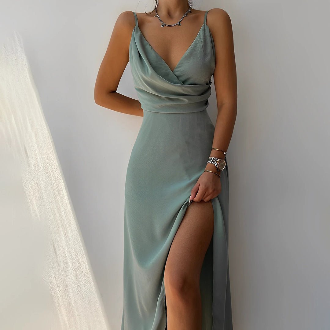 Elegant Satin Maxi Dress | Draped Neckline | High Slit Design | Perfect for Evening or Formal Occasions
