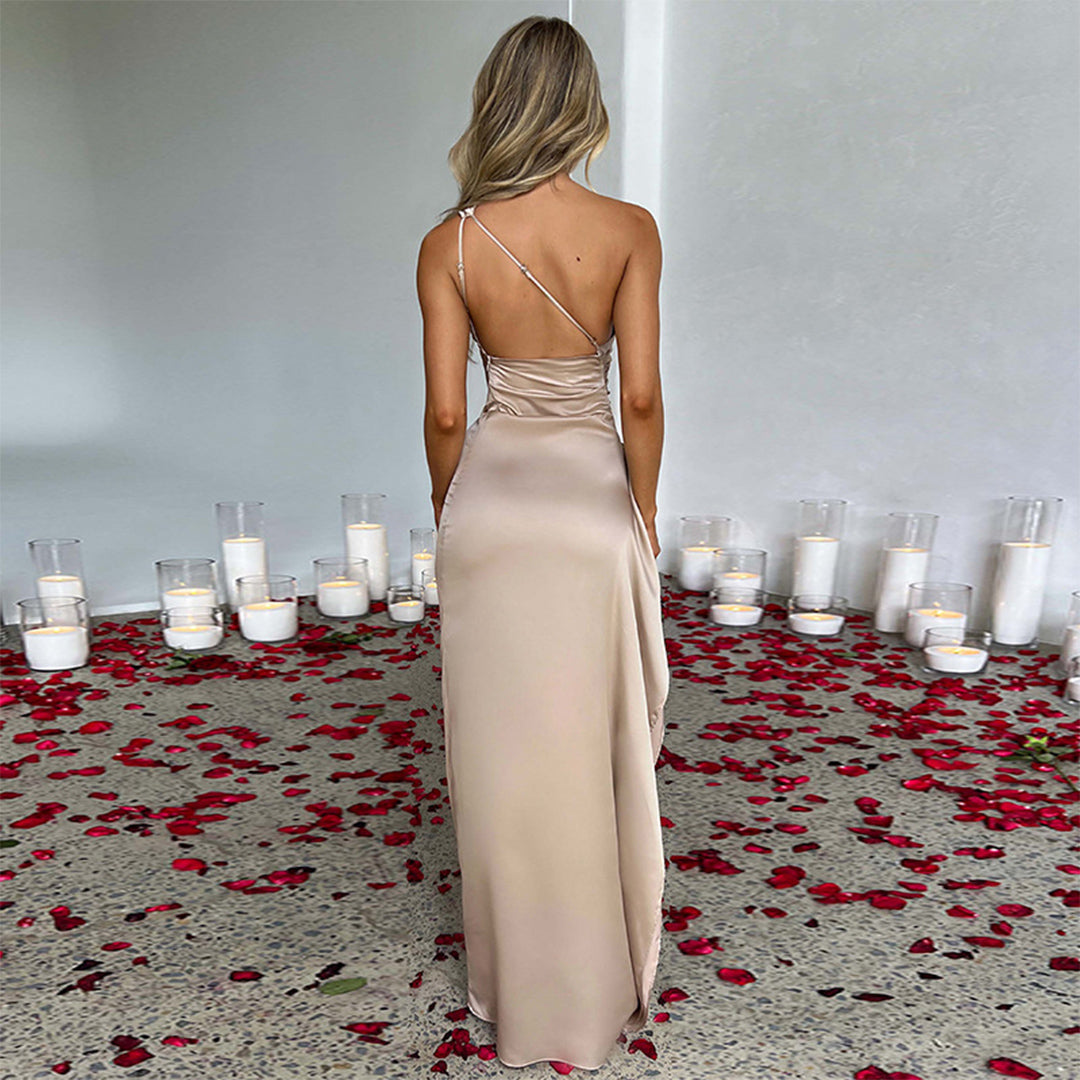 Satin One-Shoulder Gown | Thigh-High Slit & Ruched Waist | Elegant Formal Silhouette