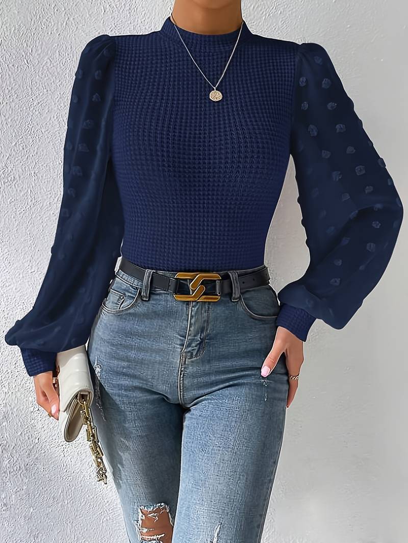 Textured Puff Sleeve Sweater | Elegant Polka Dot Details | Slim Fit | Chic Layering Piece