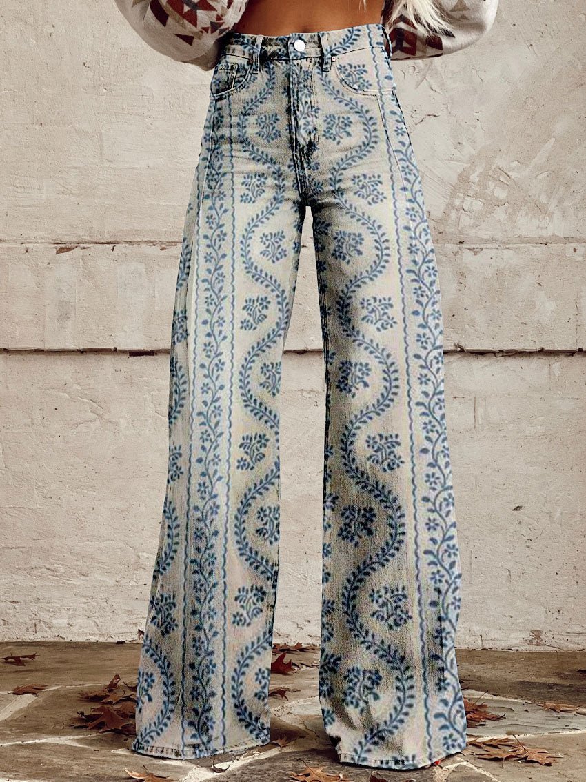 Wide Leg Printed Jeans | Floral & Leopard Pattern | Statement Fit
