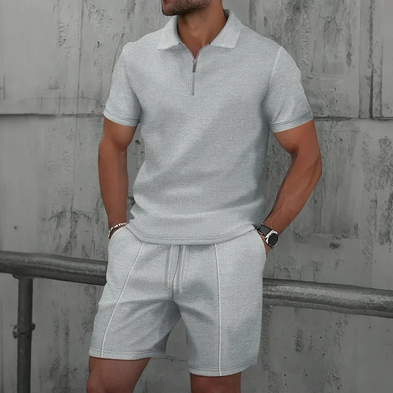 Men's Knit Polo & Shorts Set | 2-Piece Lounge Outfit | Summer Textured Co-ord