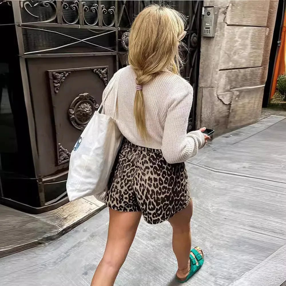 High-Waisted Denim Shorts | Leopard Print with Rolled Hem