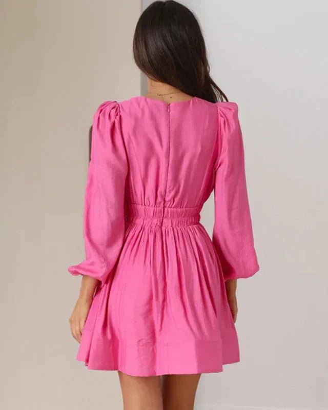 Deep V-Neck Mini Dress | Long Puff Sleeves & Flowy Skirt | Party-Ready Style