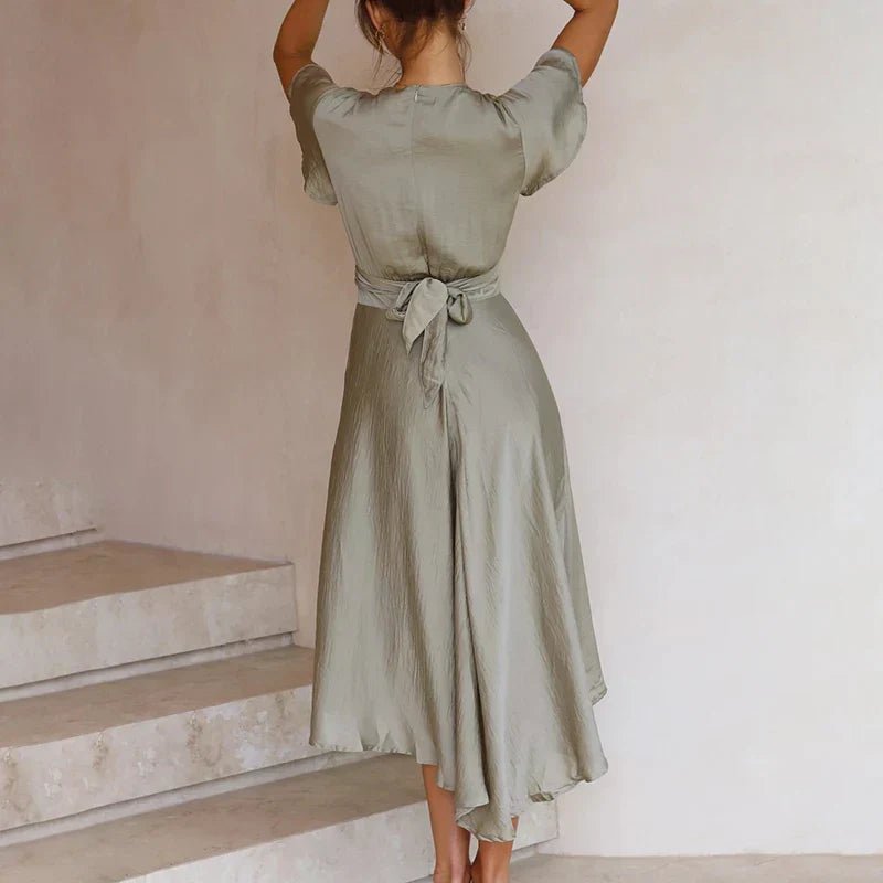 Women's Satin Midi Dress | Flutter Sleeve with Twist Front | Deep V-Neck Wrap Silhouette