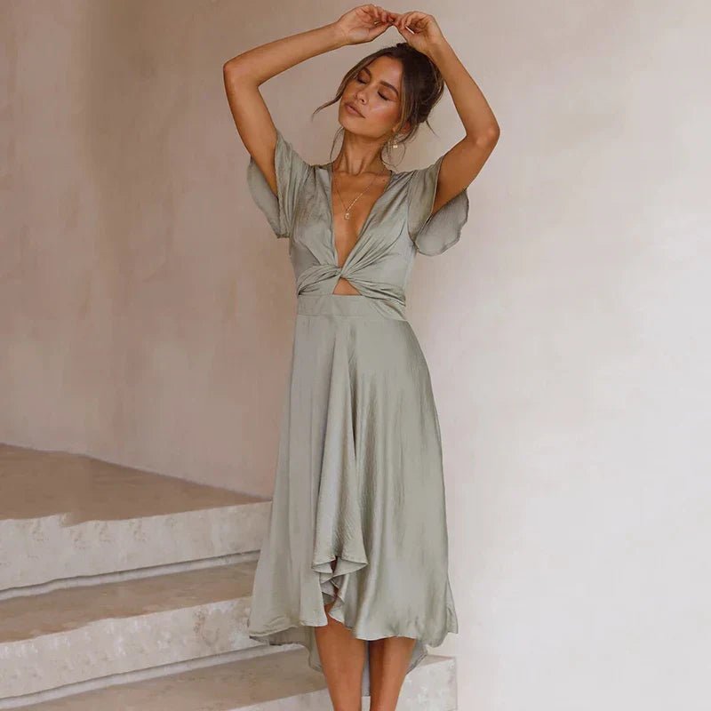 Women's Satin Midi Dress | Flutter Sleeve with Twist Front | Deep V-Neck Wrap Silhouette