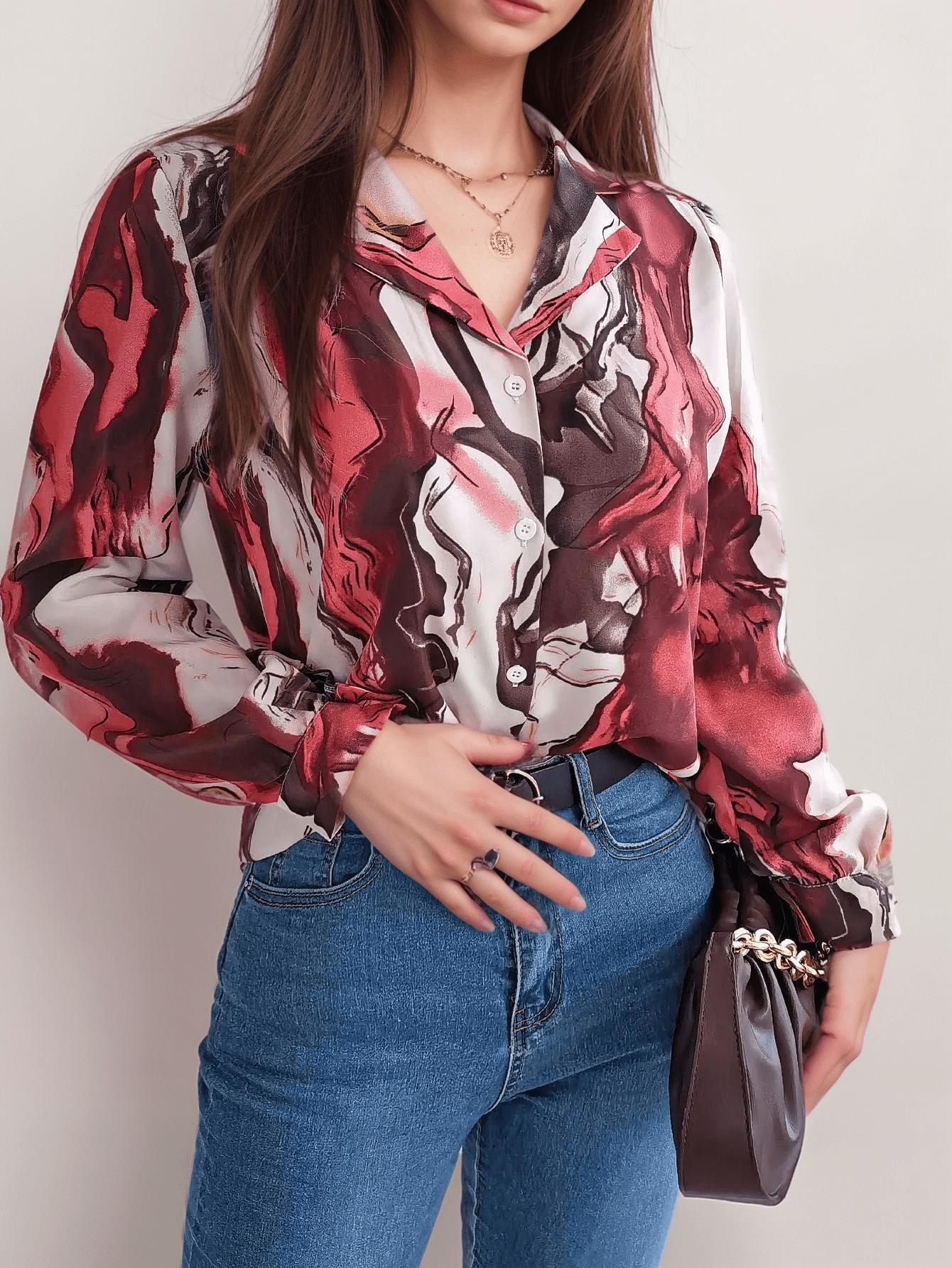 Abstract Print Satin Shirt | Fluid Patterns | Button-Up Design | Luxurious Satin
