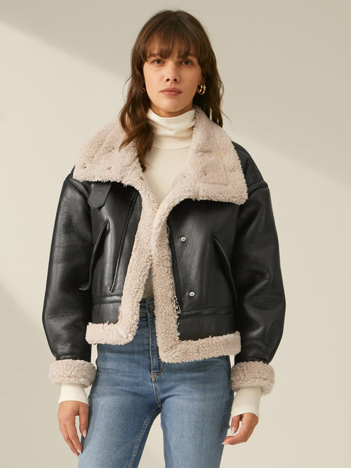 Faux Leather Aviator Jacket | Shearling-Lined Warmth | Black & White Contrast | Winter Style