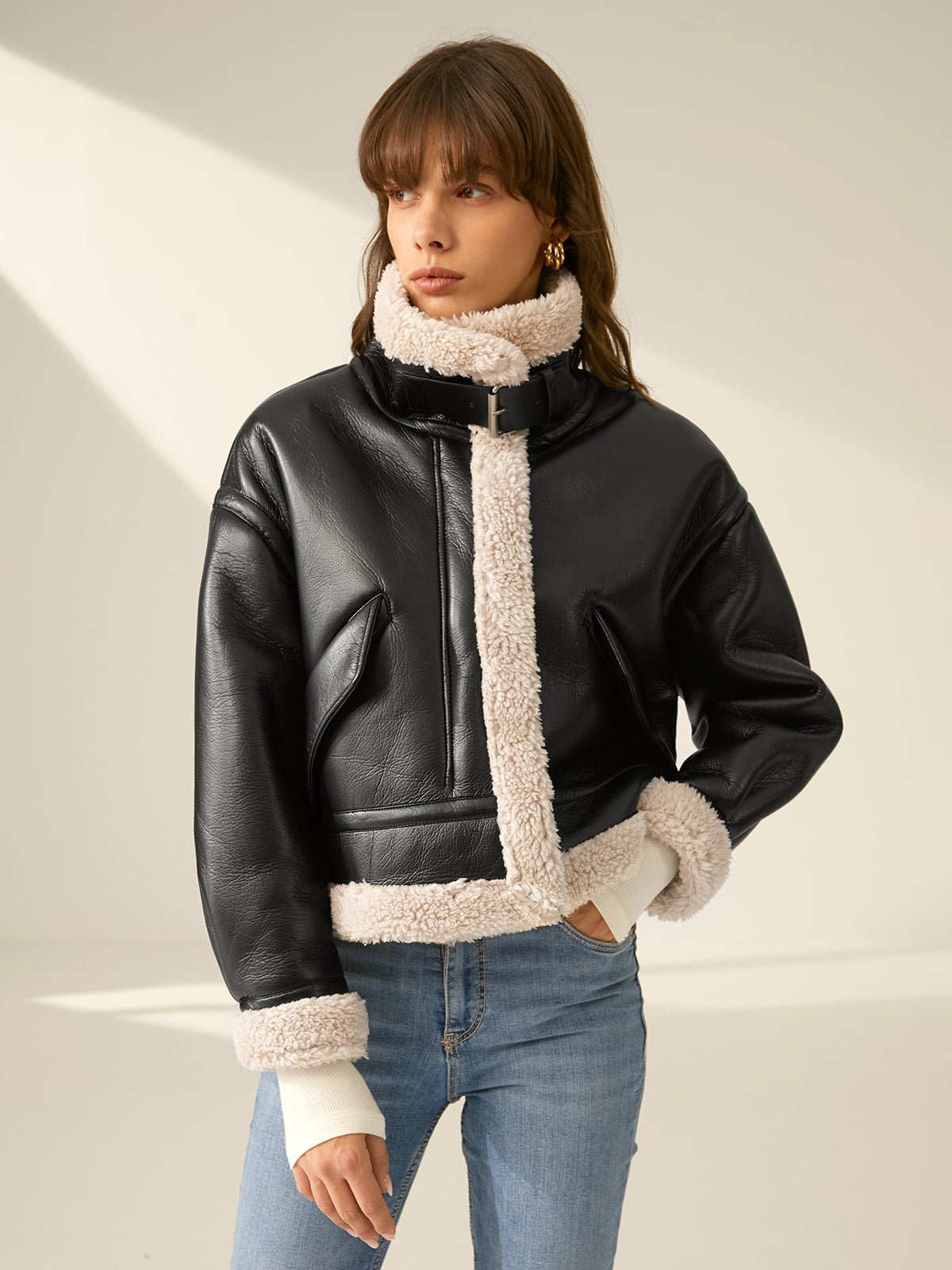 Faux Leather Aviator Jacket | Shearling-Lined Warmth | Black & White Contrast | Winter Style