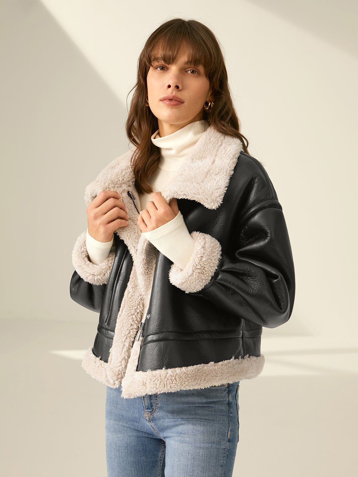 Faux Leather Aviator Jacket | Shearling-Lined Warmth | Black & White Contrast | Winter Style