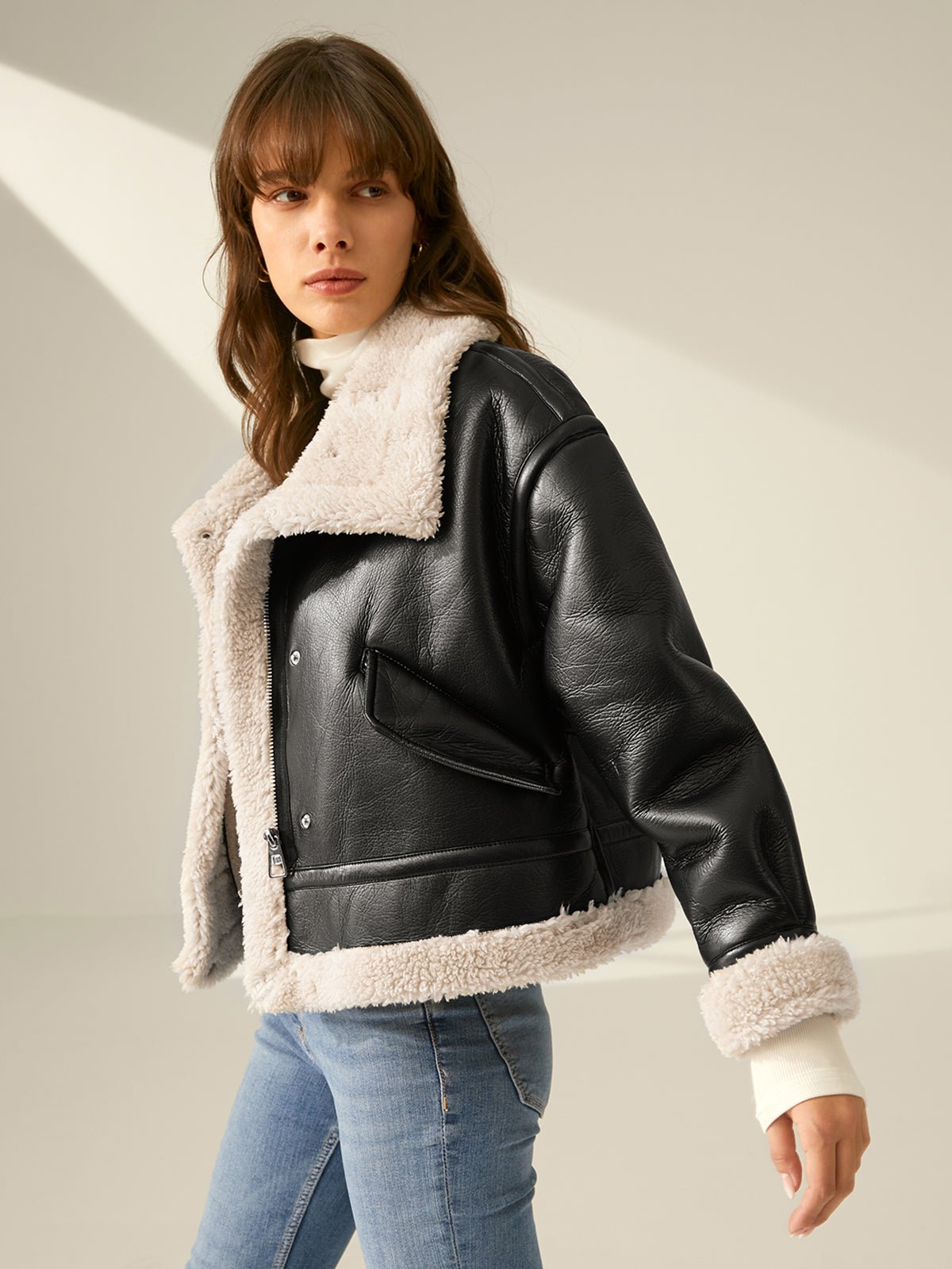 Faux Leather Aviator Jacket | Shearling-Lined Warmth | Black & White Contrast | Winter Style