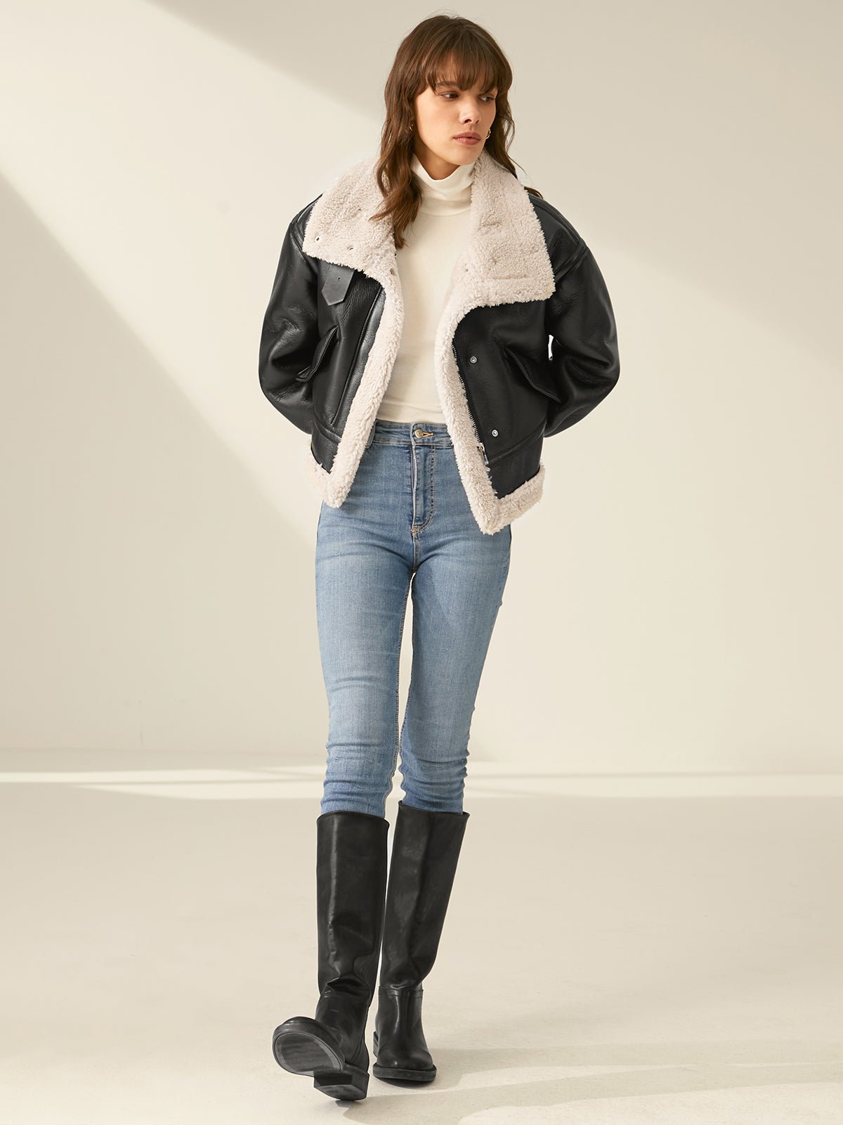 Faux Leather Aviator Jacket | Shearling-Lined Warmth | Black & White Contrast | Winter Style