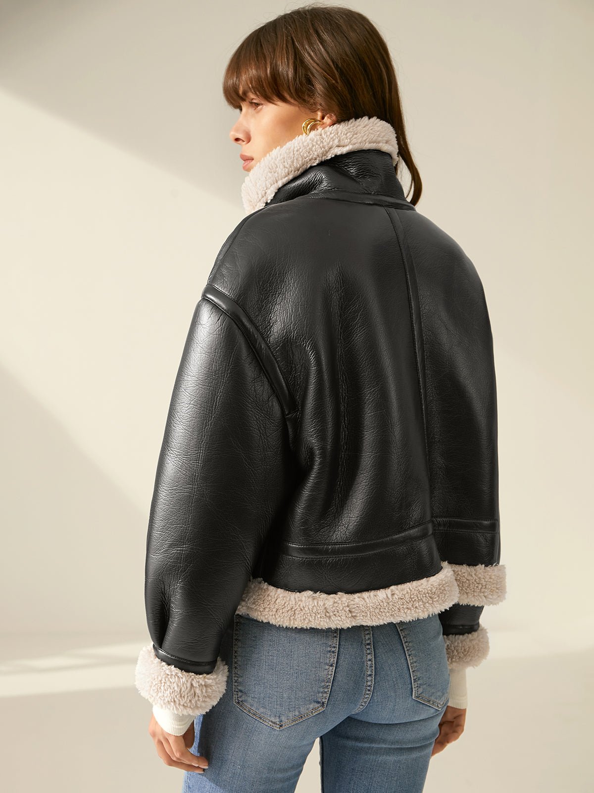Faux Leather Aviator Jacket | Shearling-Lined Warmth | Black & White Contrast | Winter Style