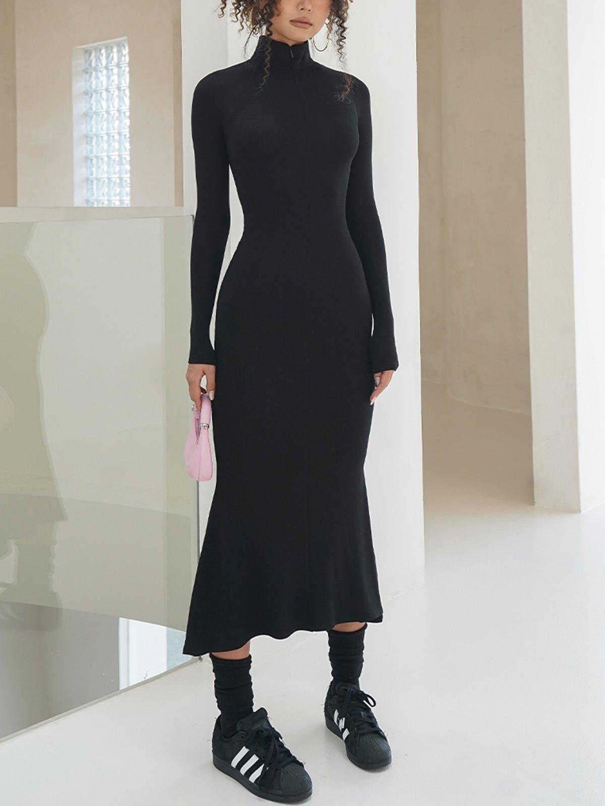 High-Neck Ribbed Knit Midi Dress | Sleek Bodycon Fit | Soft Stretch Fabric | Minimalist Chic