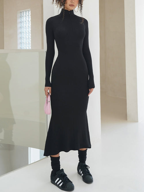 High-Neck Ribbed Knit Midi Dress | Sleek Bodycon Fit | Soft Stretch Fabric | Minimalist Chic