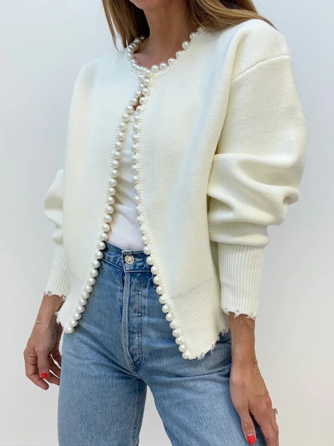 Pearl Trim Cardigan | Soft Knit Button-Front with Statement Detailing