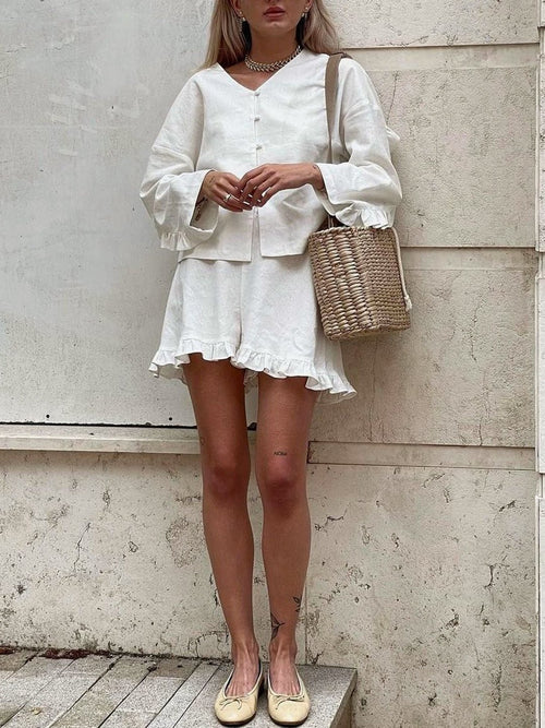 Ruffle Hem Button Top and Shorts Set | Lightweight Cotton-Linen Blend