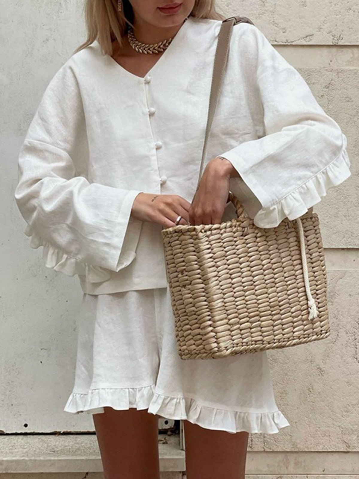 Ruffle Hem Button Top and Shorts Set | Lightweight Cotton-Linen Blend