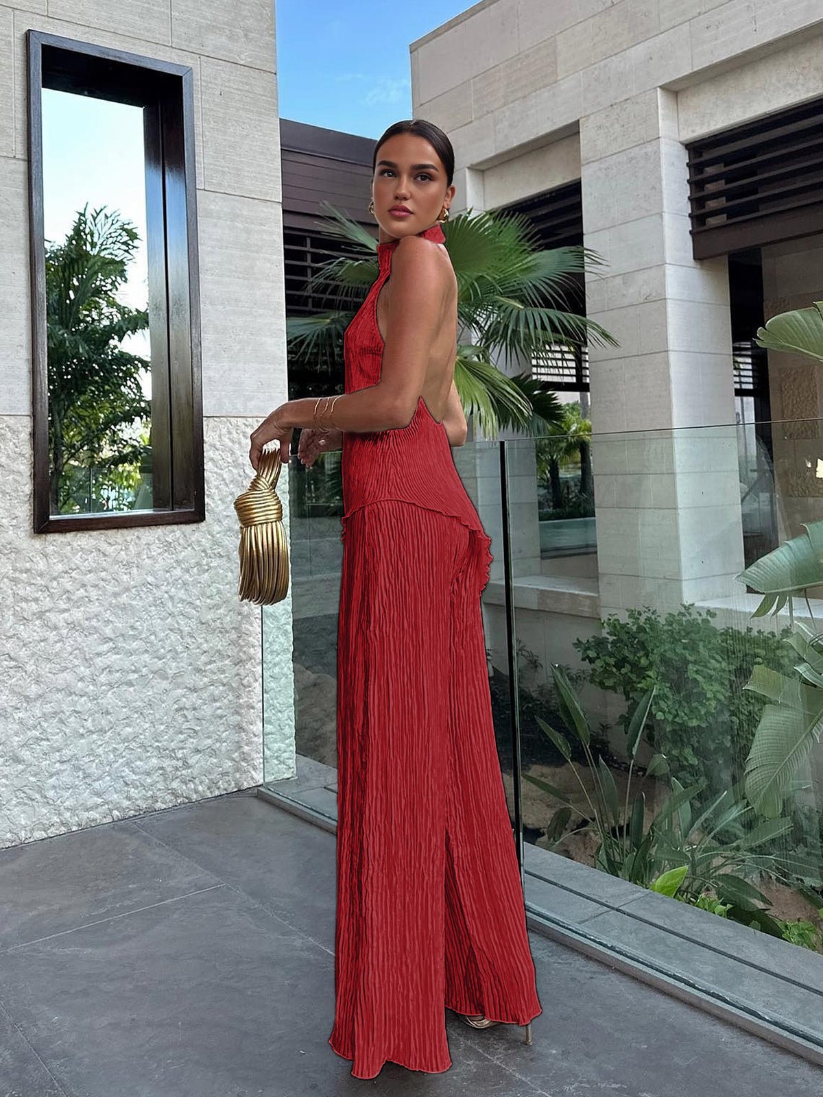 Pleated Co-Ord Set | Halter Backless Top & Wide-Leg Pants