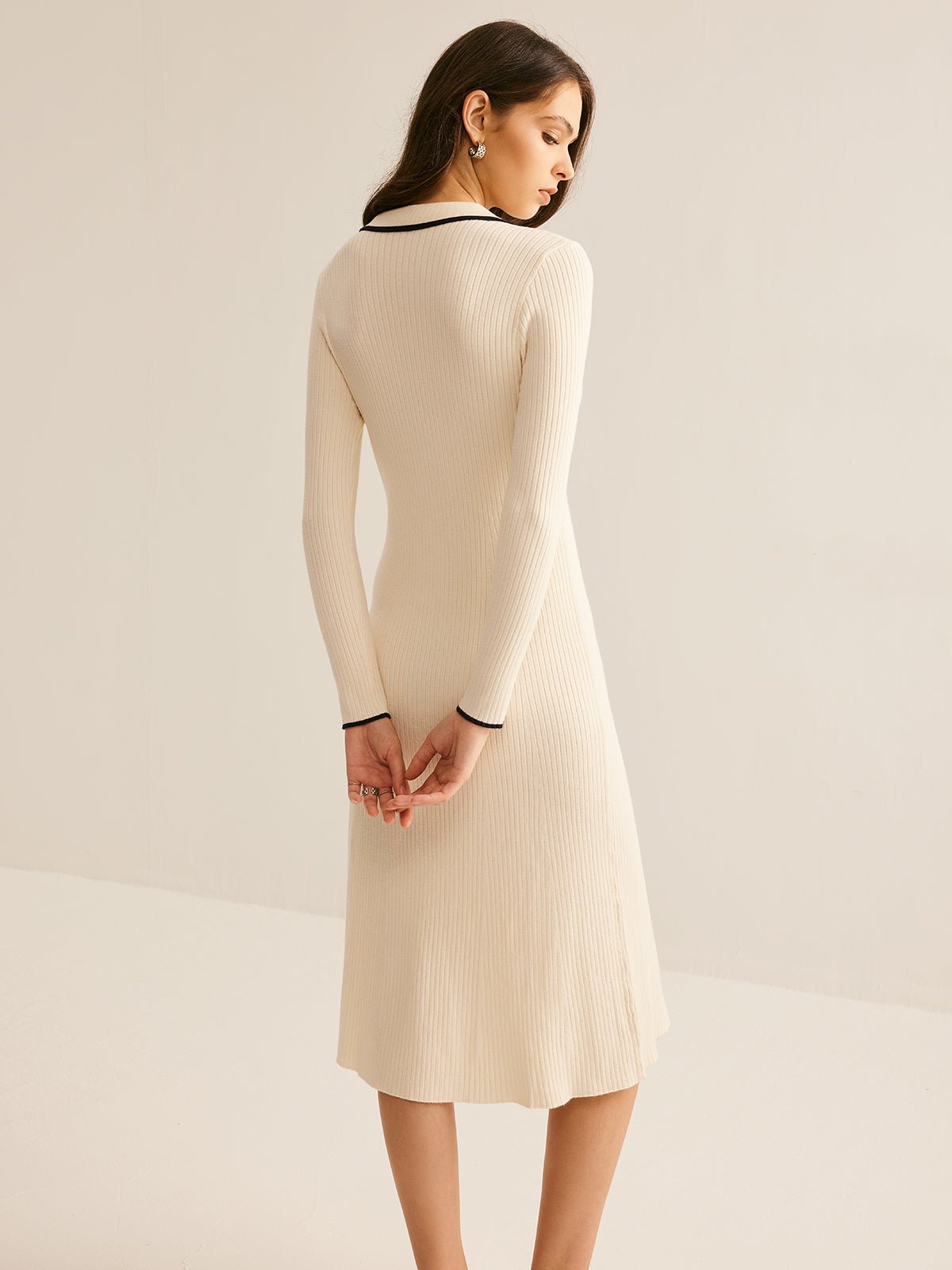 Contrast Trim Midi Knit Dress | Button-Up Collar | Soft Stretch Fabric | Timeless Elegance