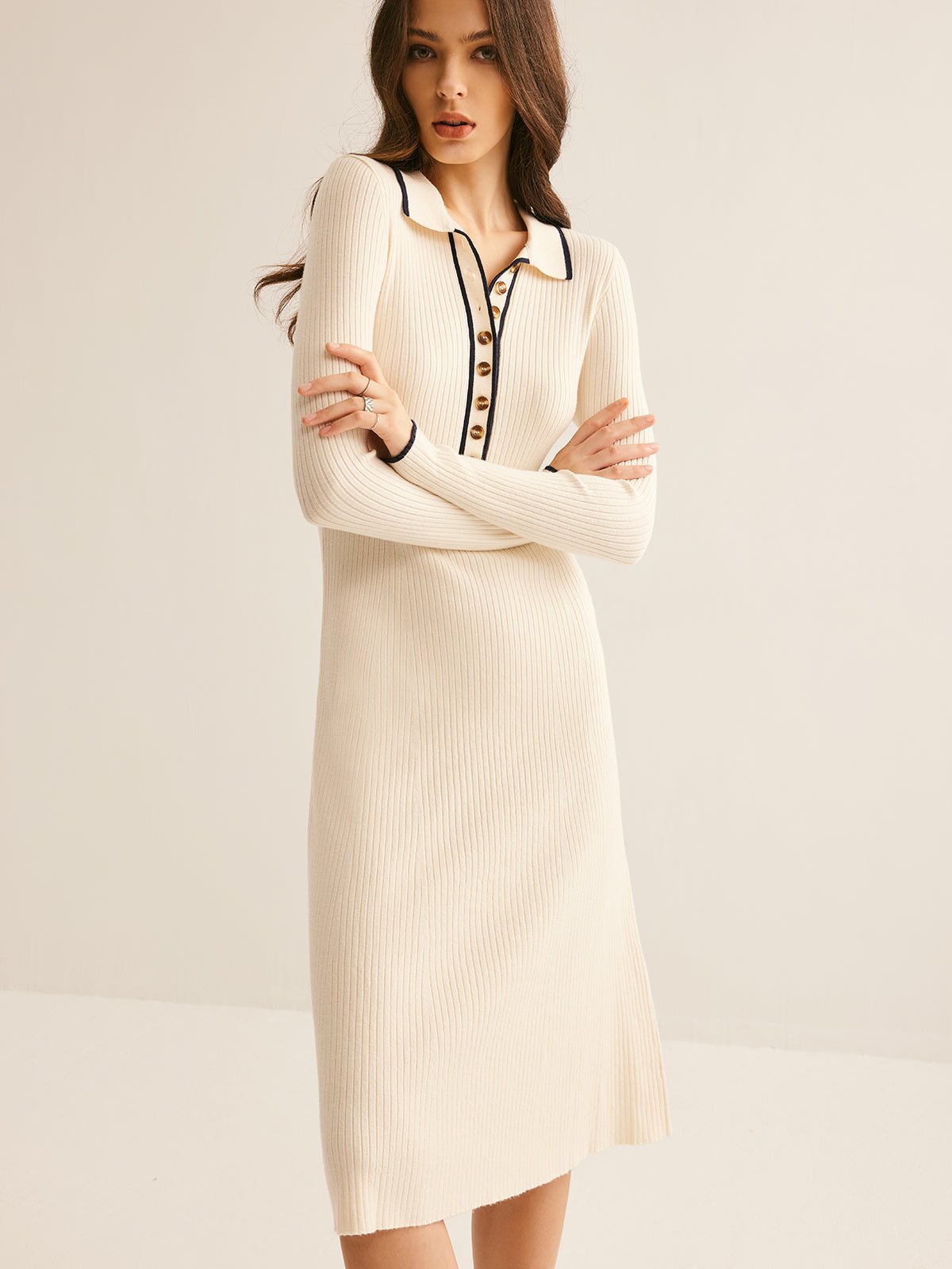 Contrast Trim Midi Knit Dress | Button-Up Collar | Soft Stretch Fabric | Timeless Elegance