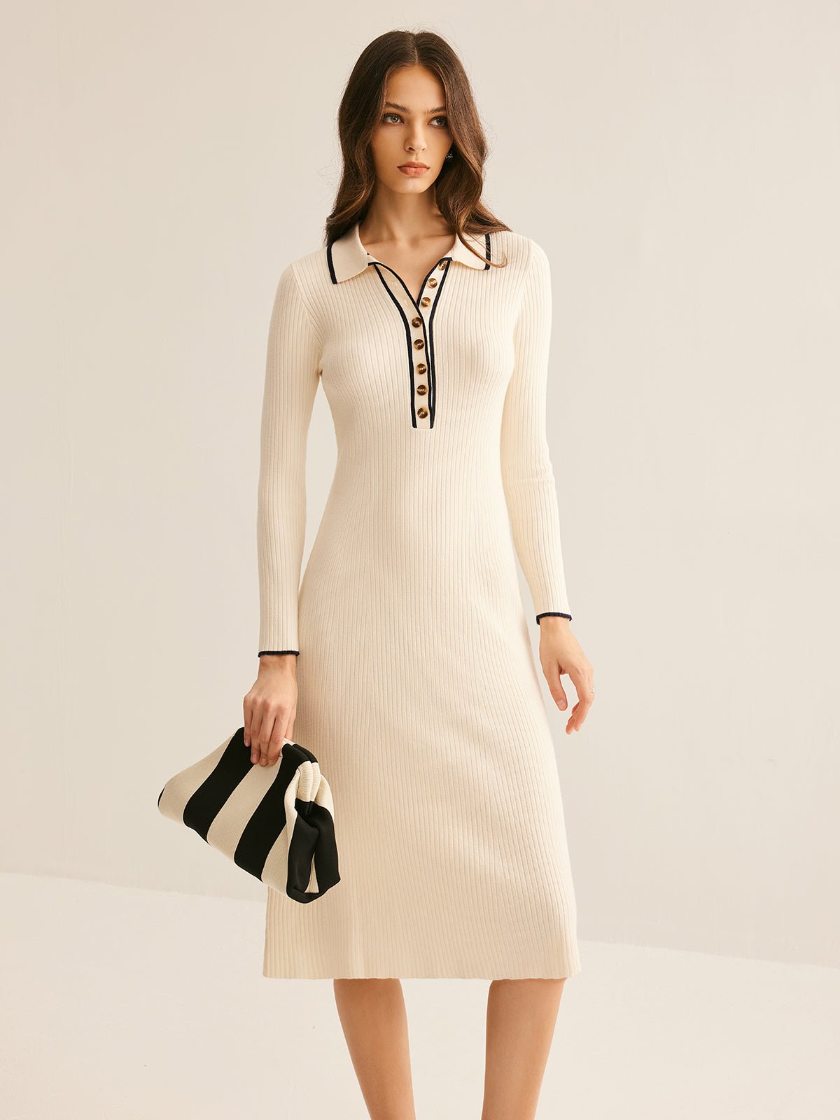 Contrast Trim Midi Knit Dress | Button-Up Collar | Soft Stretch Fabric | Timeless Elegance
