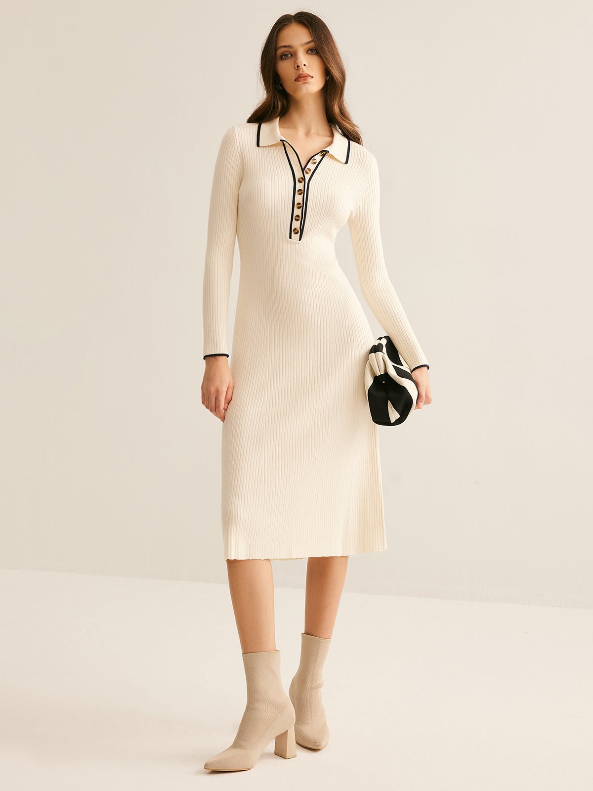 Contrast Trim Midi Knit Dress | Button-Up Collar | Soft Stretch Fabric | Timeless Elegance
