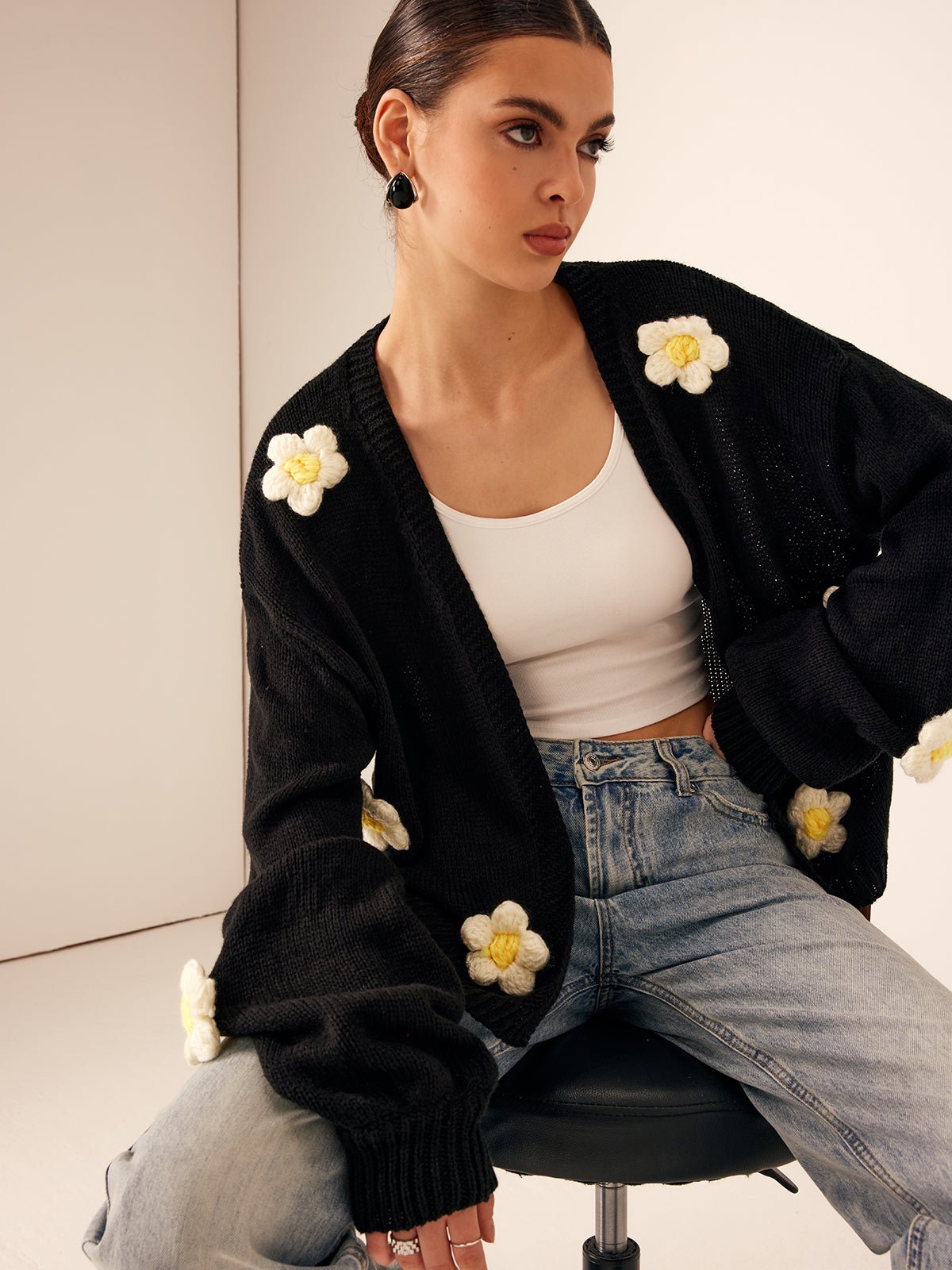 Floral Embellished Cardigan | Cozy Acrylic Knit | Statement Layer